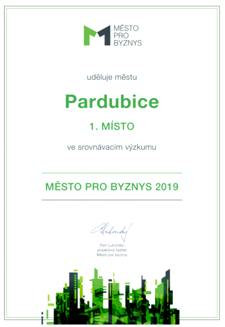 Certifikát - 1. misto Pardubice - Město pro byznys 2019