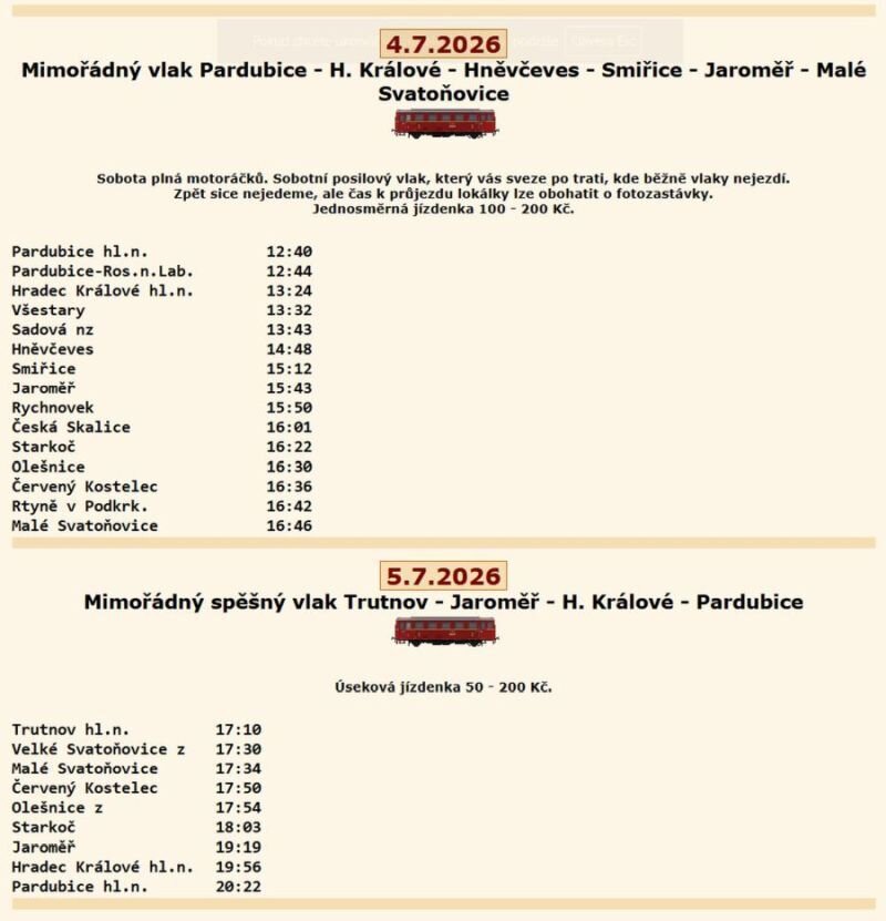 Mimořádný spěšný vlak Trutnov - Jaroměř - H. Králové - Pardubice