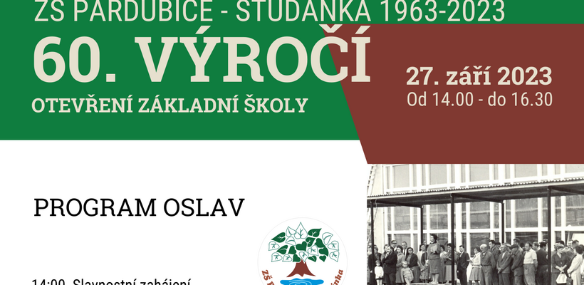 ZŠ PARDUBICE - STUDÁNKA ZVE NA 60. VÝROČÍ OTEVŘENÍ ZÁKLADNÍ ŠKOLY - 27. září 2023