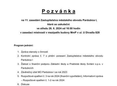 Pozvánka na 11. zasedání Zastupitelstva Městského obvodu Pardubice I