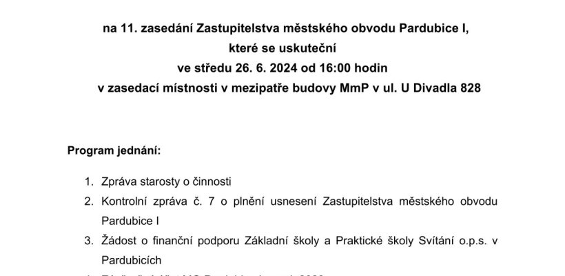 Pozvánka na 11. zasedání Zastupitelstva Městského obvodu Pardubice I